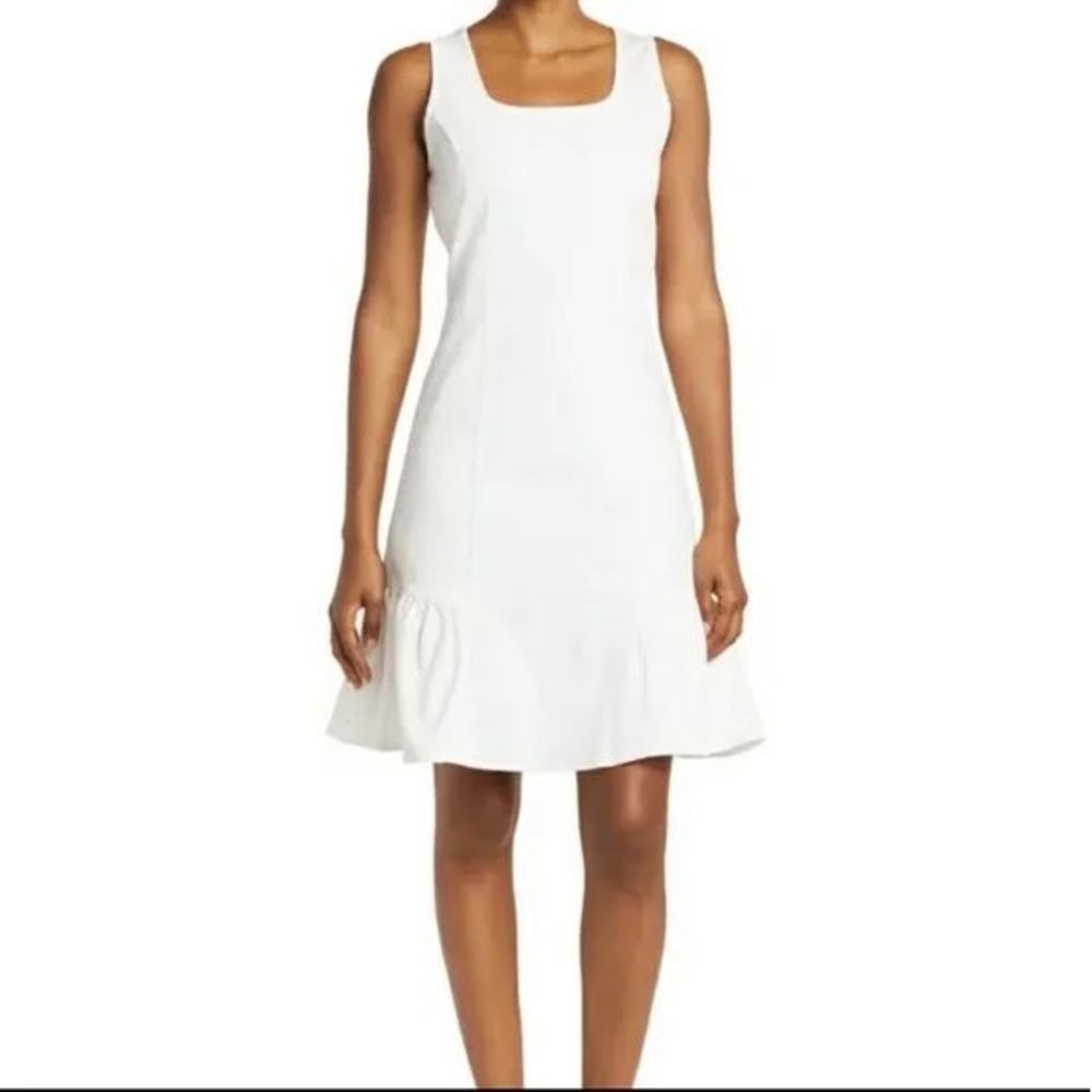 Nanette Lepore White Denim Ruffle Hem Square Neck‎ Sleeveless Dress Womens Large